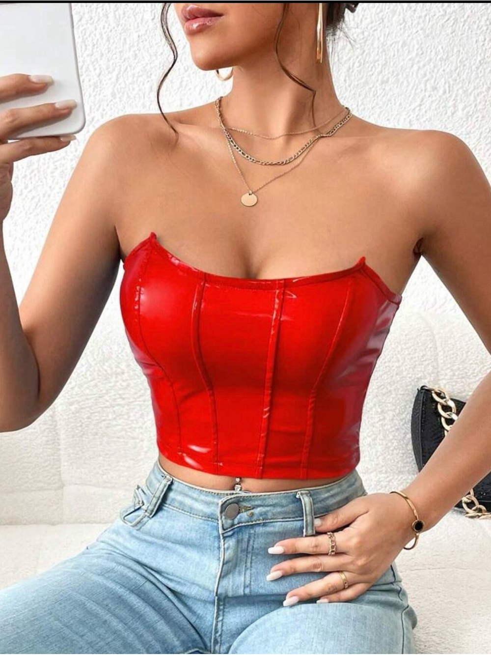 SHEIN Red Faux Leather Strapless Corset Crop Top